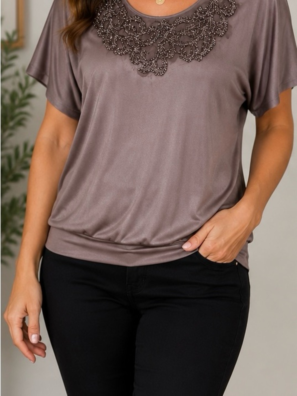 Studio Y Embellished Dolman Sleeve Blouson Top XS Taupe Beaded Scoop Neck